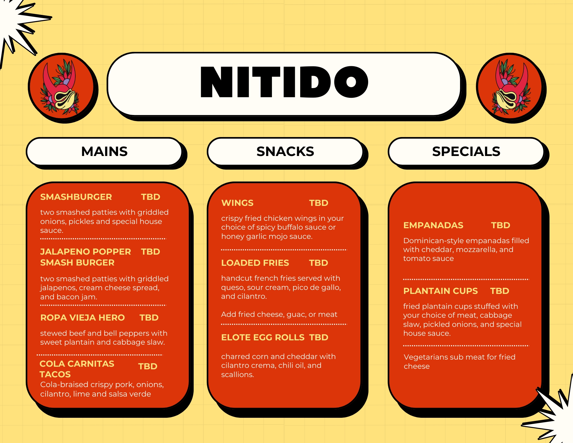 Nitido Kitchen street food menu: tacos, burgers, sides, and drinks. Opens a larger view.